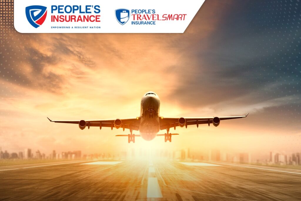 Explore the World with Confidence: “People’s Travel Smart” Insurance 9 Peoples Insurance Commercial airplane taking off at sunset above a runway with People’s Travel Smart Insurance branding, symbolizing safe and confident travel.