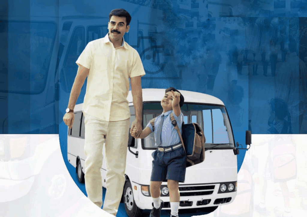 Secure Travels with Comprehensive School Van Insurance 2 Peoples Insurance Father walking with a school child in front of a school van representing comprehensive school van insurance for safe student transportation.