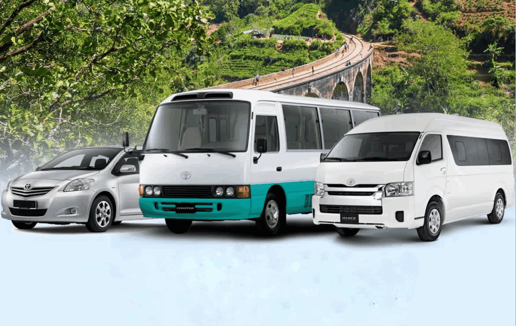 Secure Your Business with Comprehensive Tourism Vehicle Insurance 4 Peoples Insurance Tourism vehicles including a van, bus, and car traveling near the Nine Arches Bridge in Sri Lanka promoting comprehensive tourism vehicle insurance by People’s Insurance.