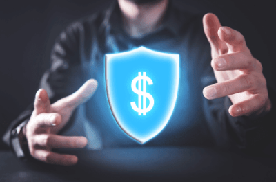 money insurance - Digital shield with dollar symbol representing financial protection and insurance security.